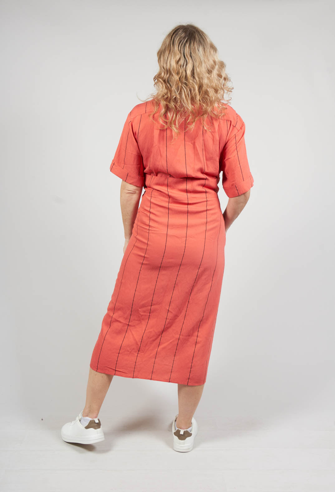Midi Shirt Dress with Tie Over in Coral and Black Stripe