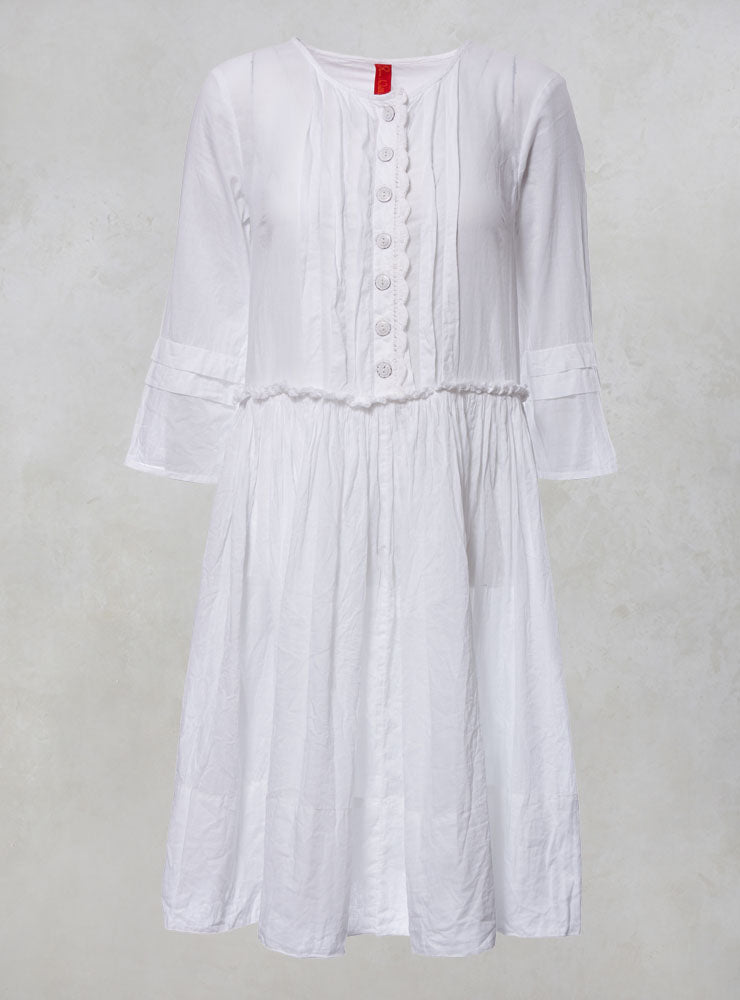 Smock Dress with Button Front in White Voile