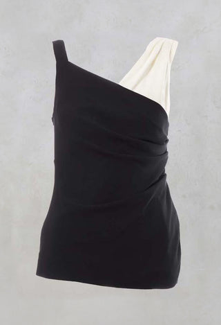 Ruched Sleeveless Top with Contrast Strap in Clesi Nero / Clesi Latte