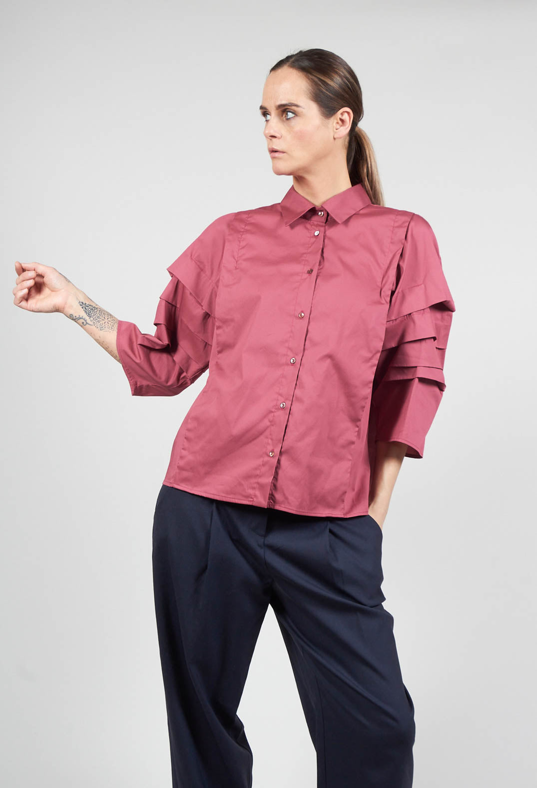Shirt with Pleated Sleeves in Chianti Glicine