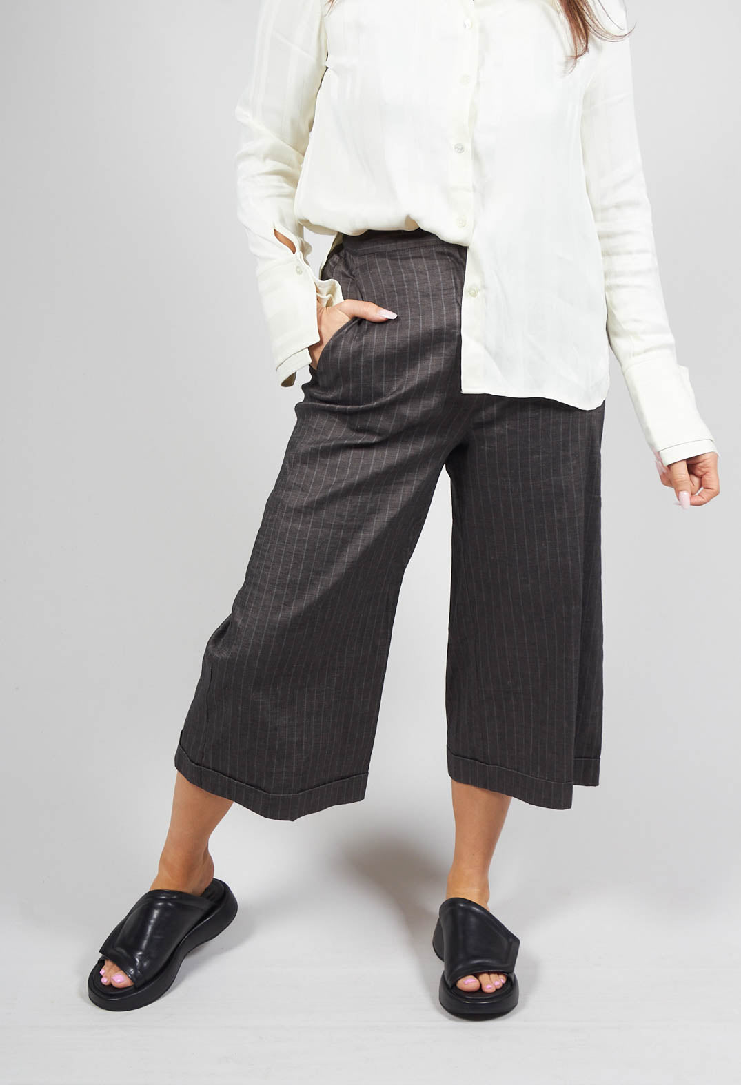 Cropped Wide Fit Striped Tailored Trousers in Balinese Fango
