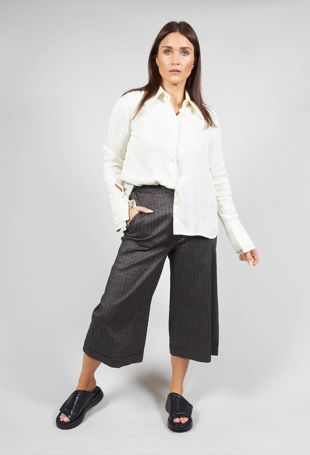 Cropped Wide Fit Striped Tailored Trousers in Balinese Fango