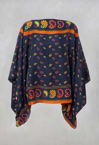 Silk Printed Drape Top in Blu/Rosa/Arancio