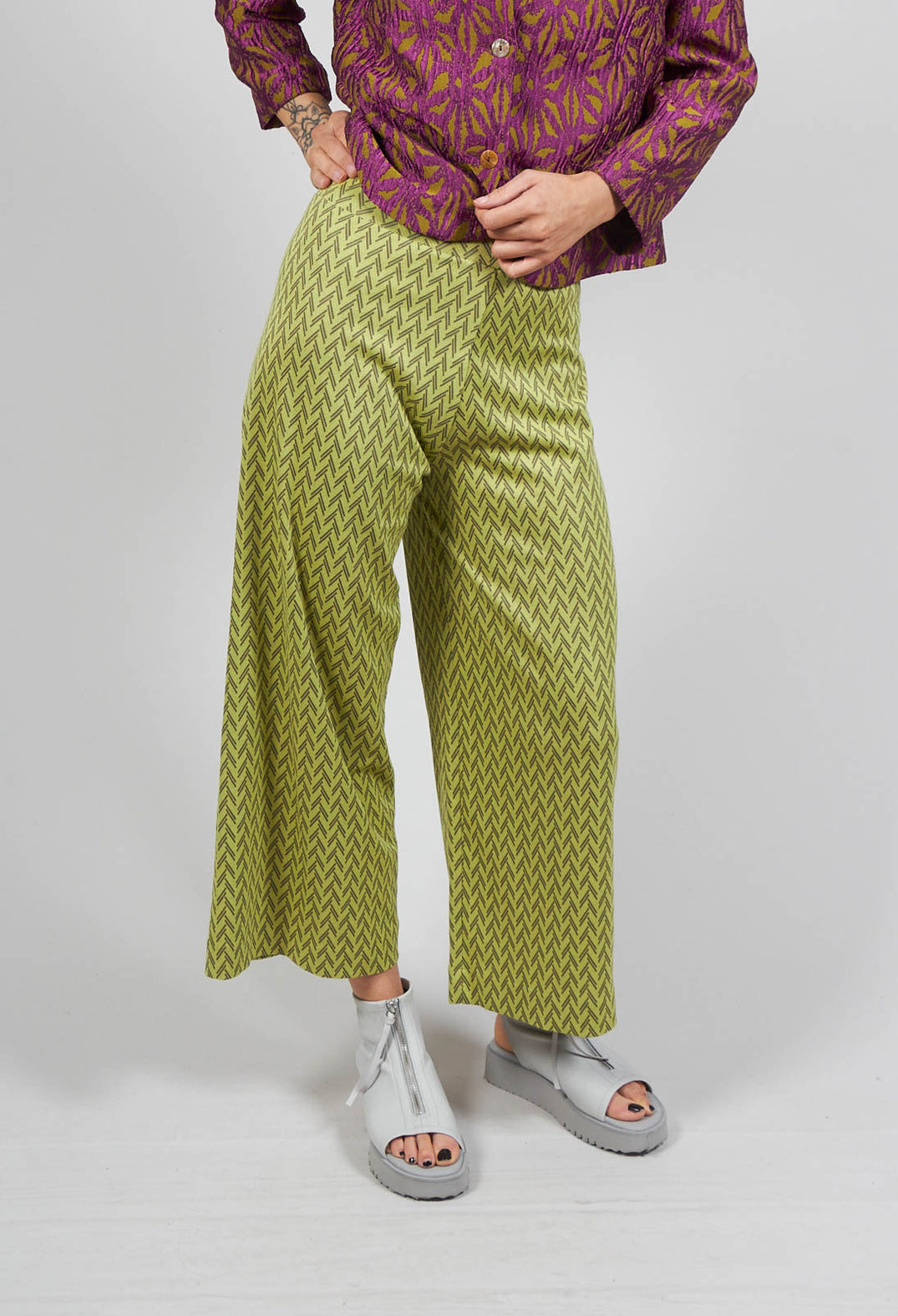 High Waisted Printed Wide Leg Trousers in Fern