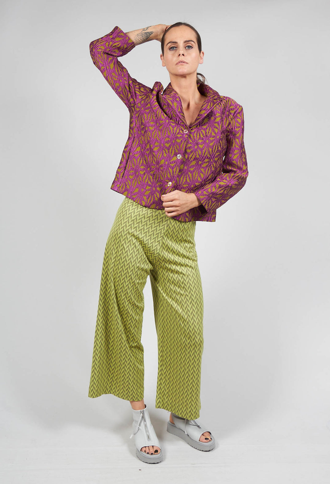 High Waisted Printed Wide Leg Trousers in Fern