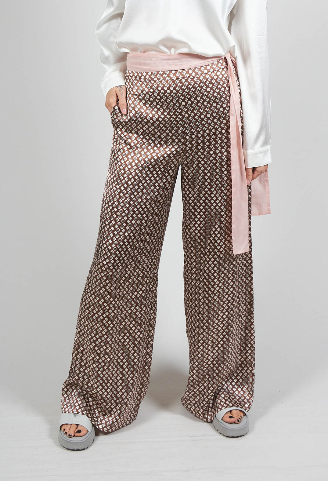 Silk Printed Palazzo Trousers in Cocoa