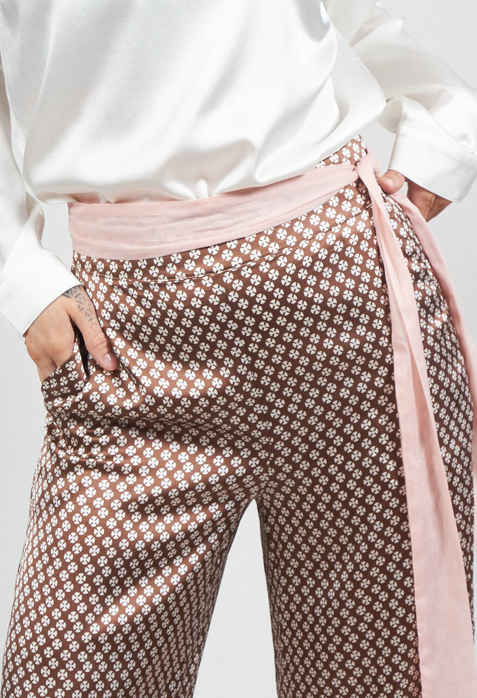 Silk Printed Palazzo Trousers in Cocoa