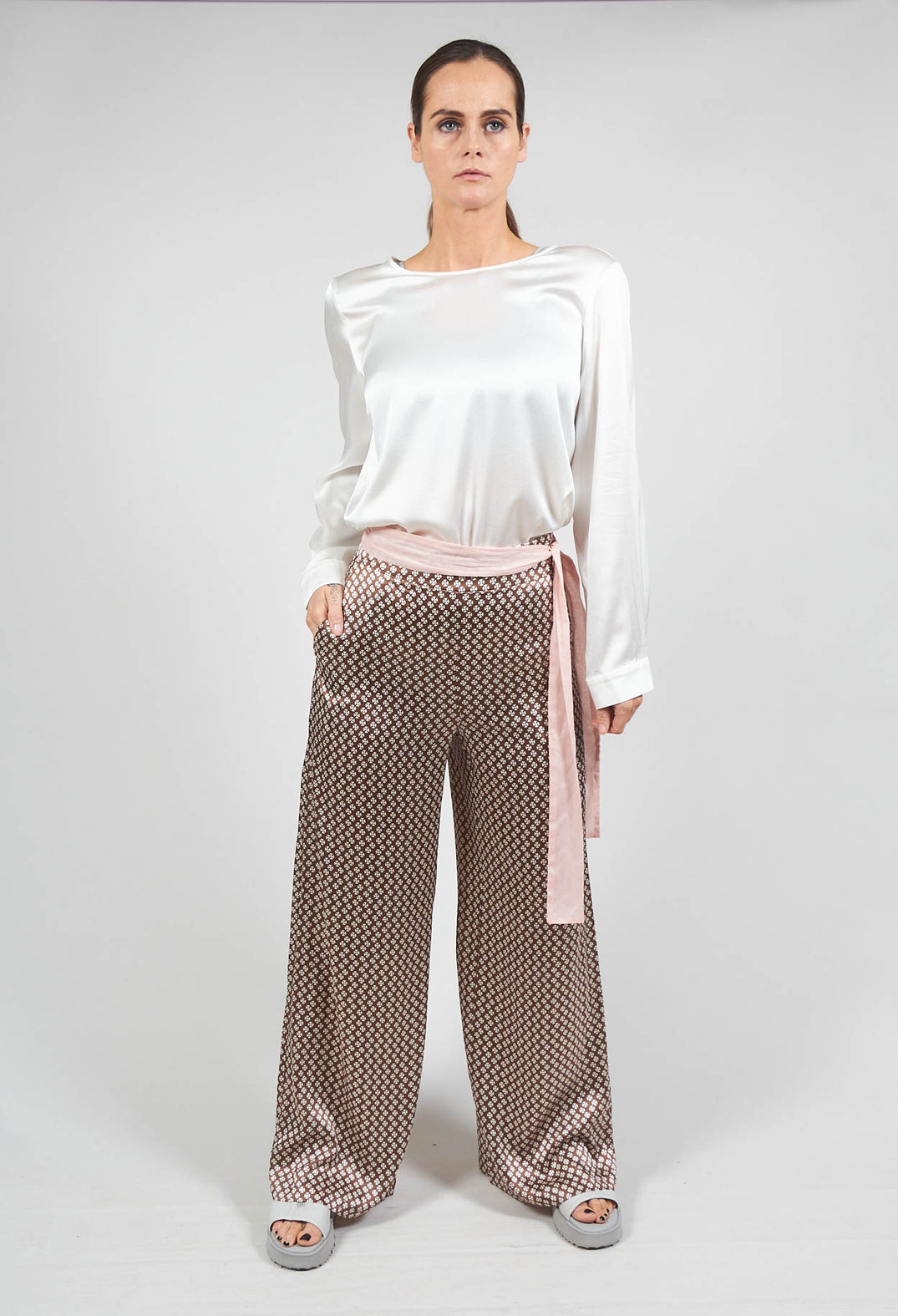 Silk Printed Palazzo Trousers in Cocoa