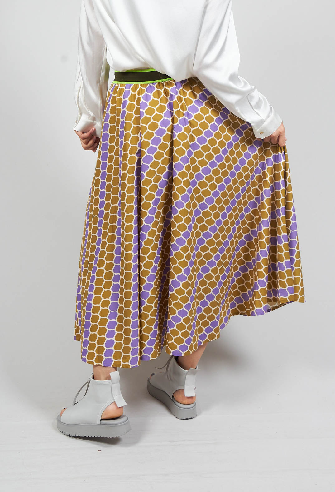 Printed Midi Skirt with Contrast Waistband in Lilla