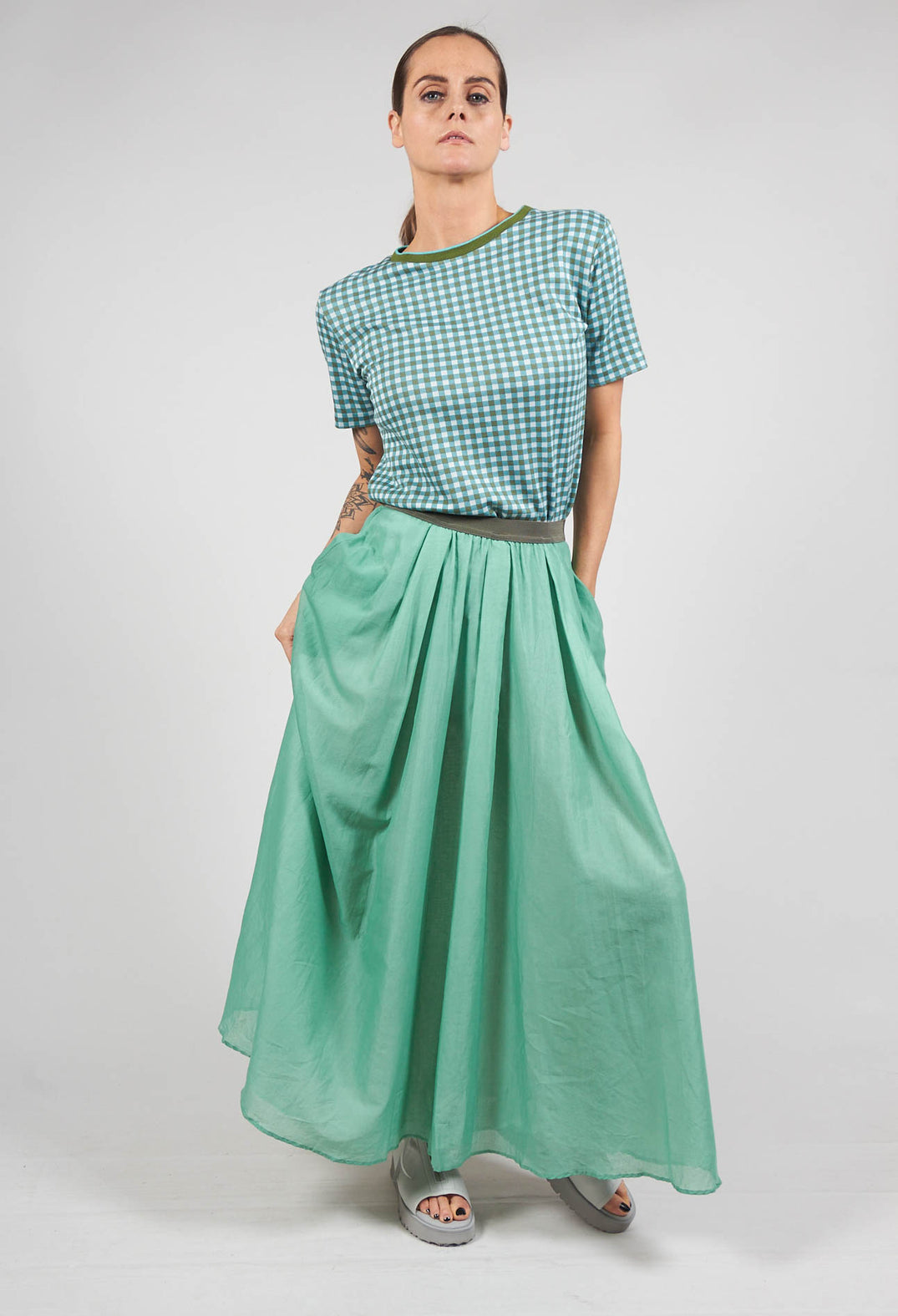 Layered Maxi Skirt with Contrast Waistband in Emerald