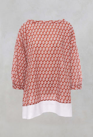 Wide Neck Printed Top with Contrast Hem in Husk