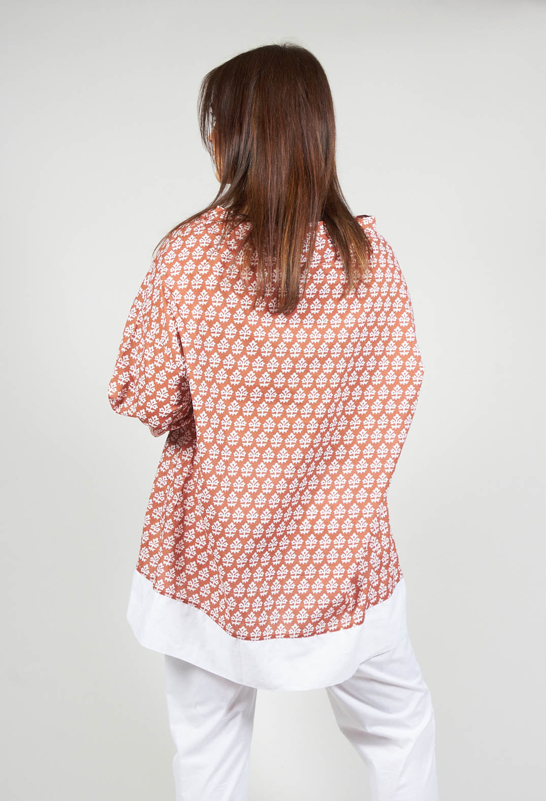 Wide Neck Printed Top with Contrast Hem in Husk