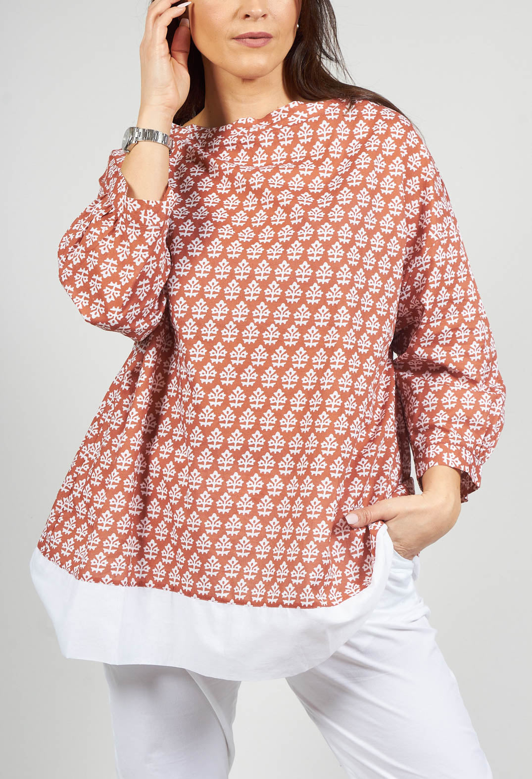 Wide Neck Printed Top with Contrast Hem in Husk