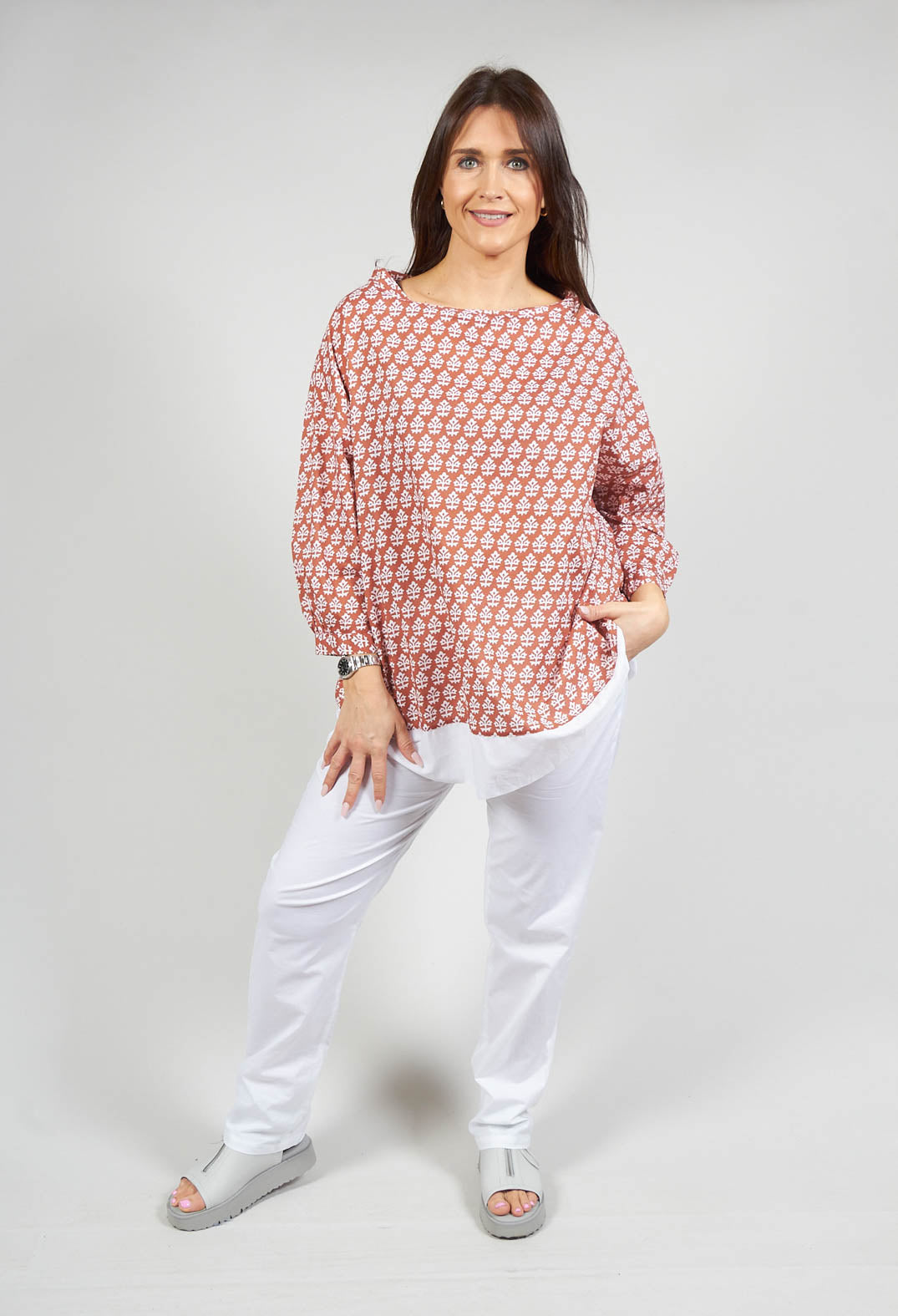 Wide Neck Printed Top with Contrast Hem in Husk