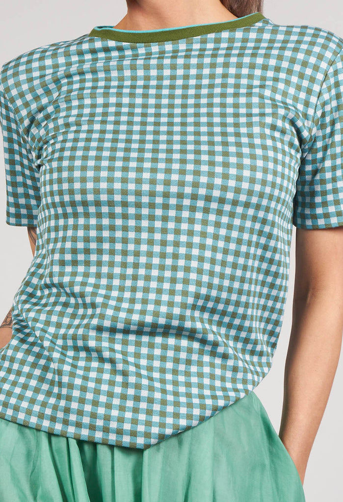 Short Sleeved Checked Boxy Top in Alga