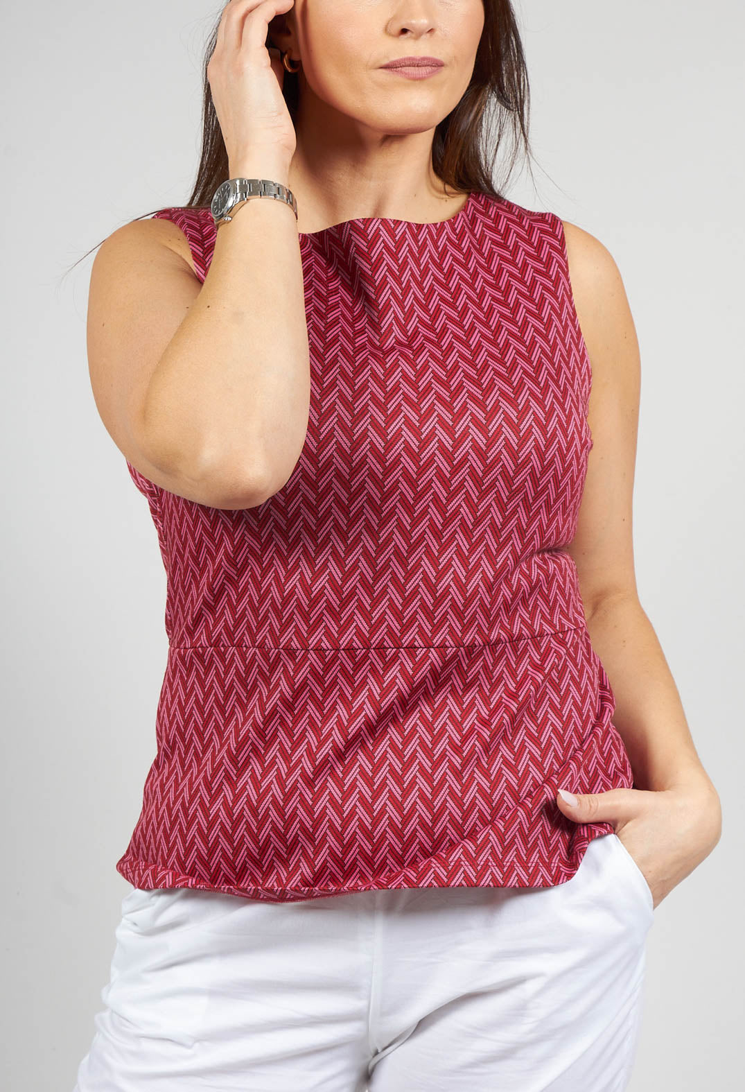 Sleeveless Patterned Top with Peplum in Candy