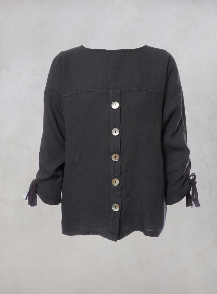 Linen Boxy Top with Button Back in Charcoal