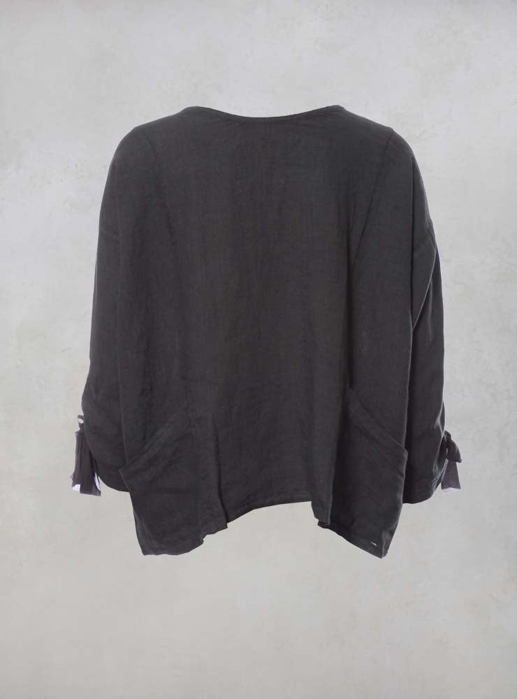 Linen Boxy Top with Button Back in Charcoal