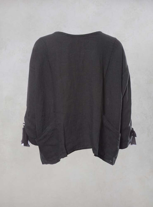 Linen Boxy Top with Button Back in Charcoal