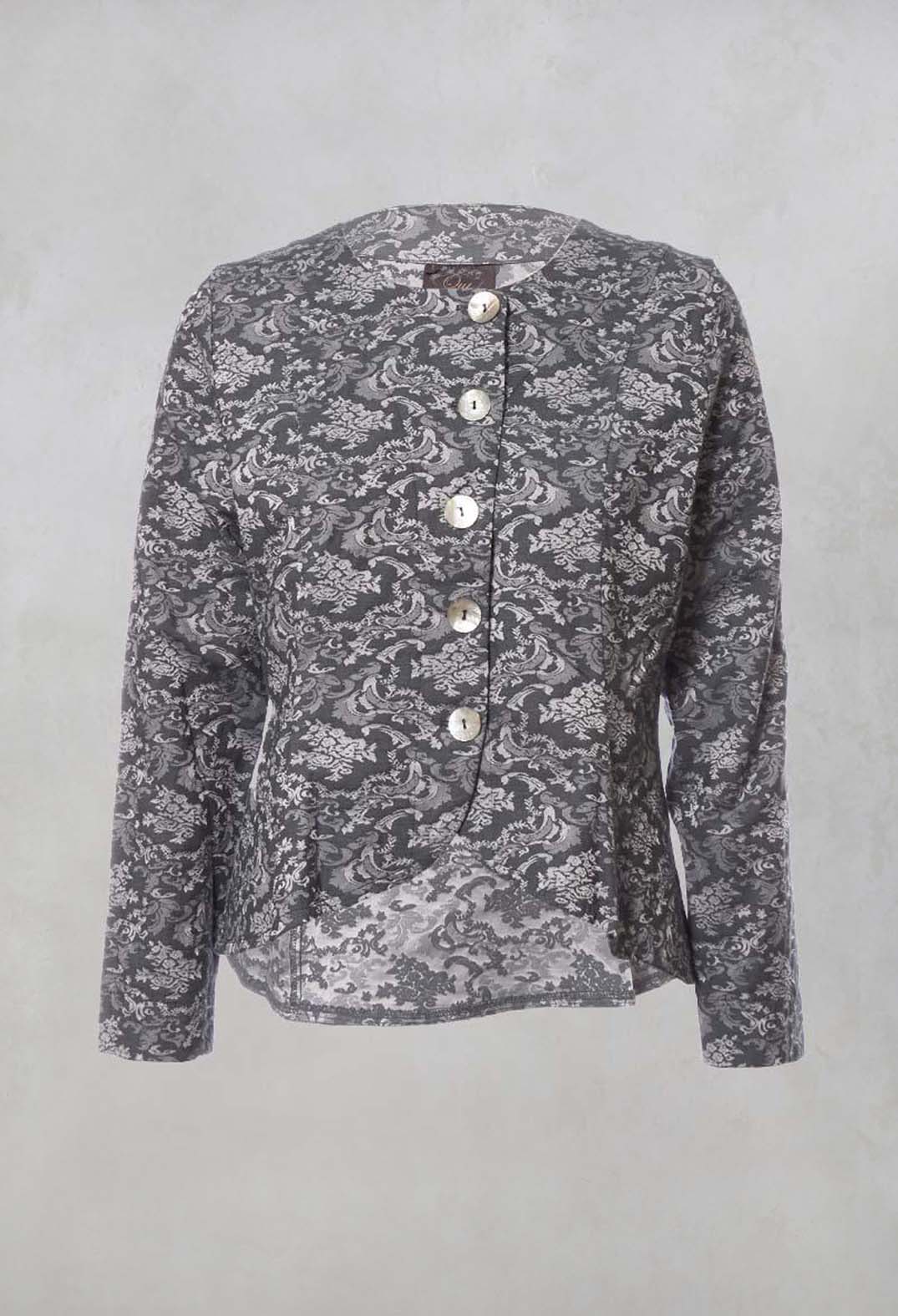 Printed Collarless Cropped Jacket in Charcoal