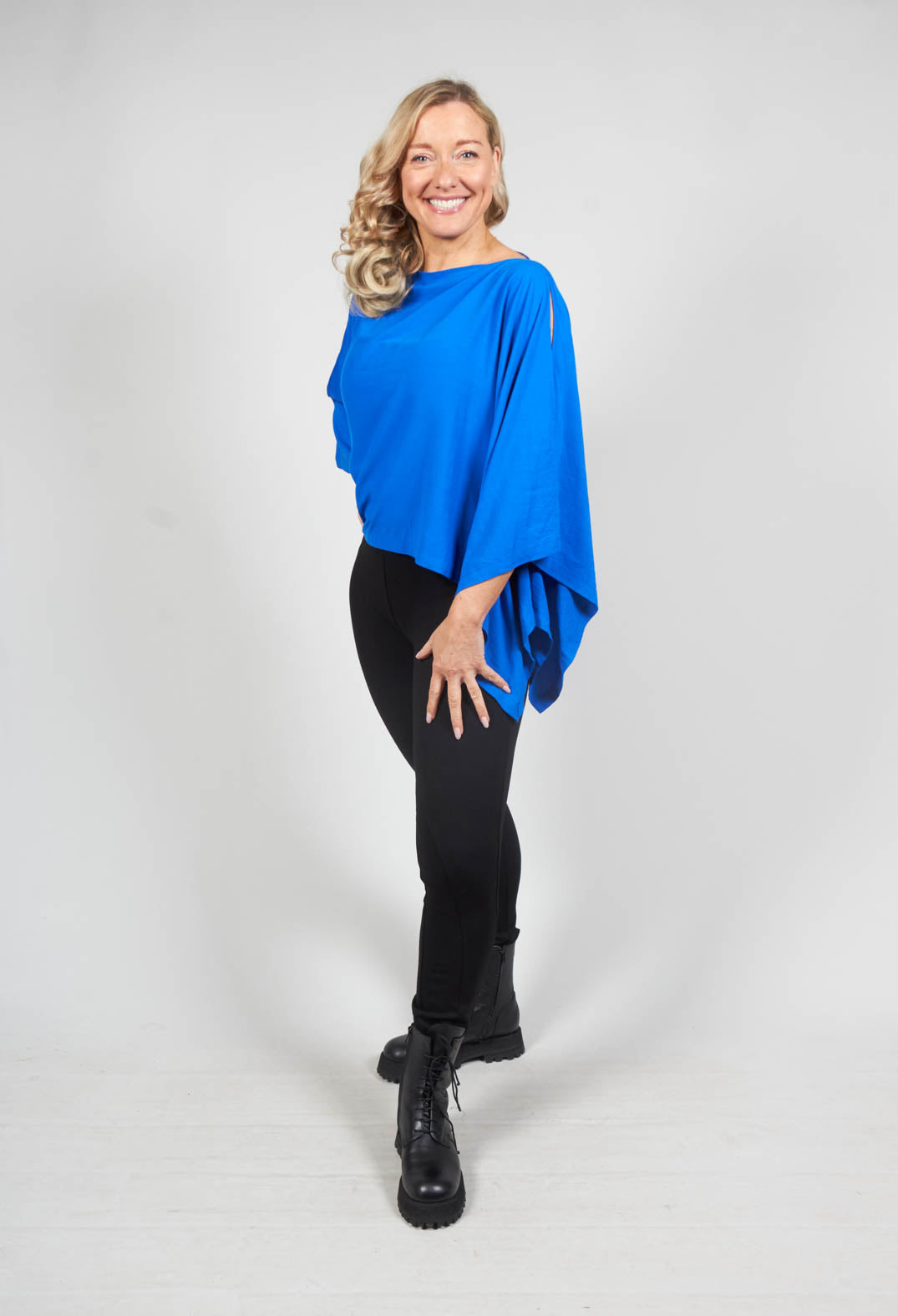 Cropped Cape Style Top with Cut Out Shoulder in Blue