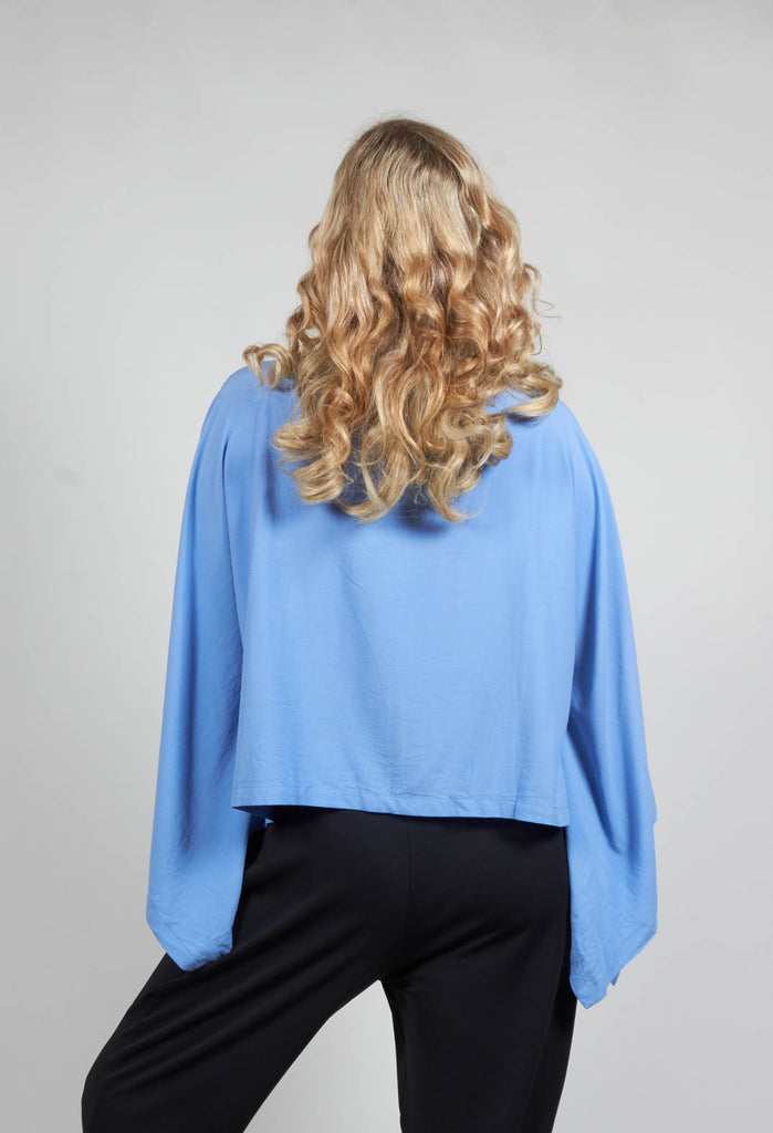 Cropped Cape Style Top with Cut Out Shoulder in Grey Blue