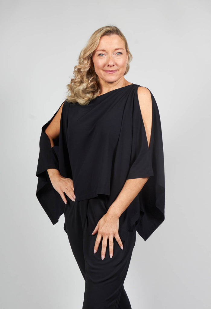 Cropped Cape Style Top with Cut Out Shoulder in Black