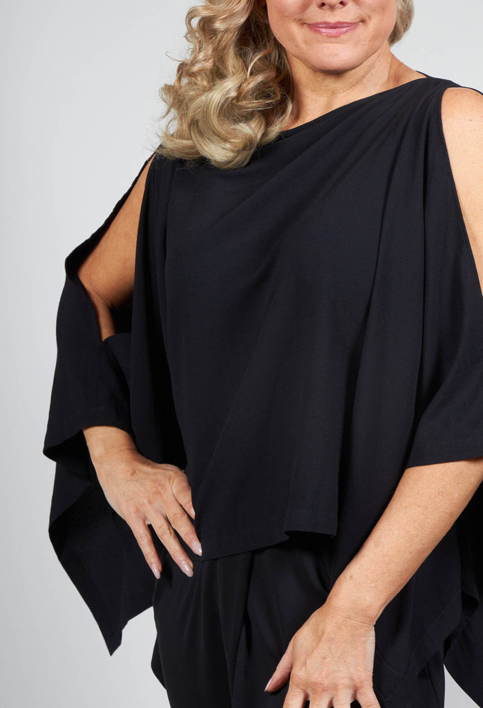 Cropped Cape Style Top with Cut Out Shoulder in Black