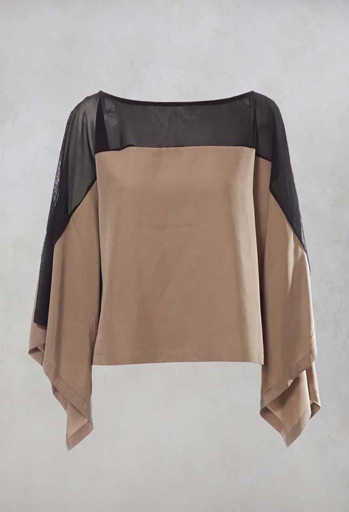 Cape Style Top with Cut Out Shoulder in Black / Beige