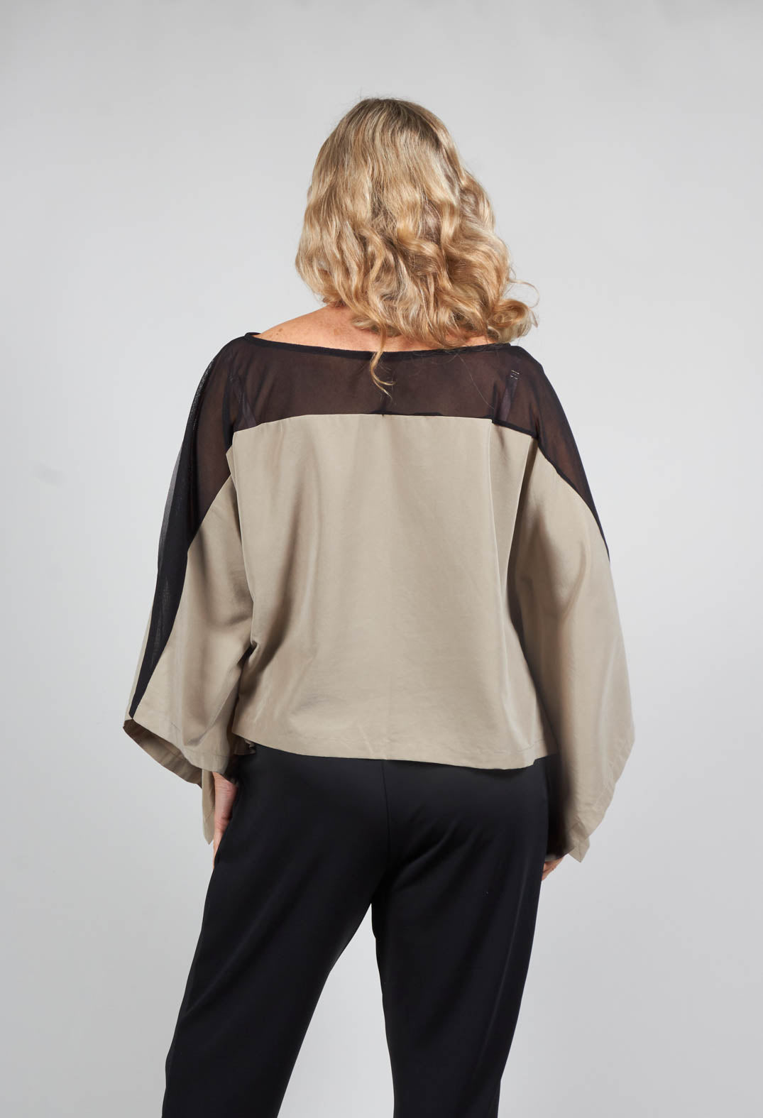 Cape Style Top with Cut Out Shoulder in Black / Beige
