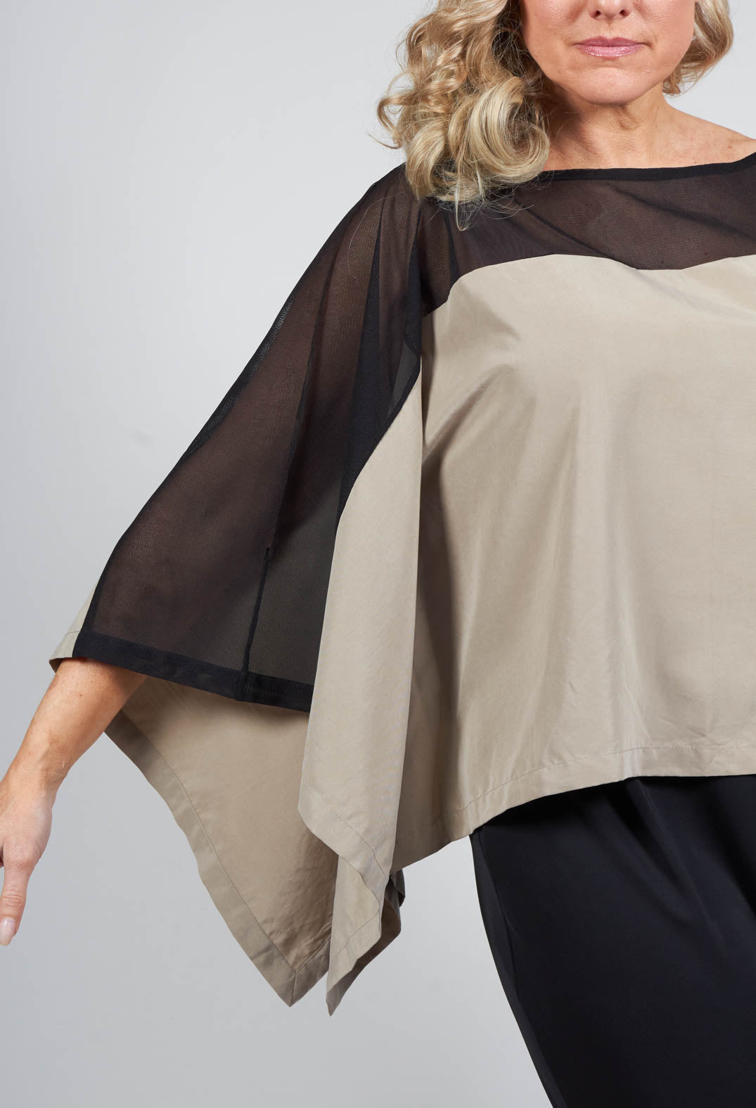 Cape Style Top with Cut Out Shoulder in Black / Beige