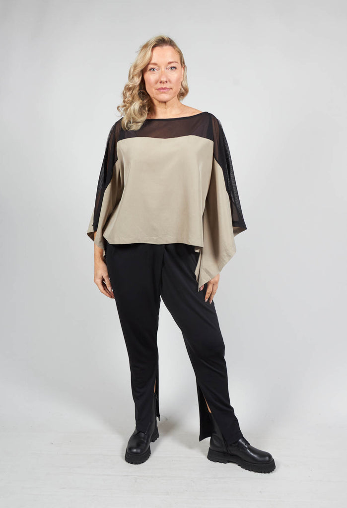 Cape Style Top with Cut Out Shoulder in Black / Beige