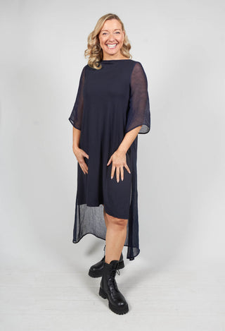 Midi Dress with Sheer Panel Back in Dark Blue