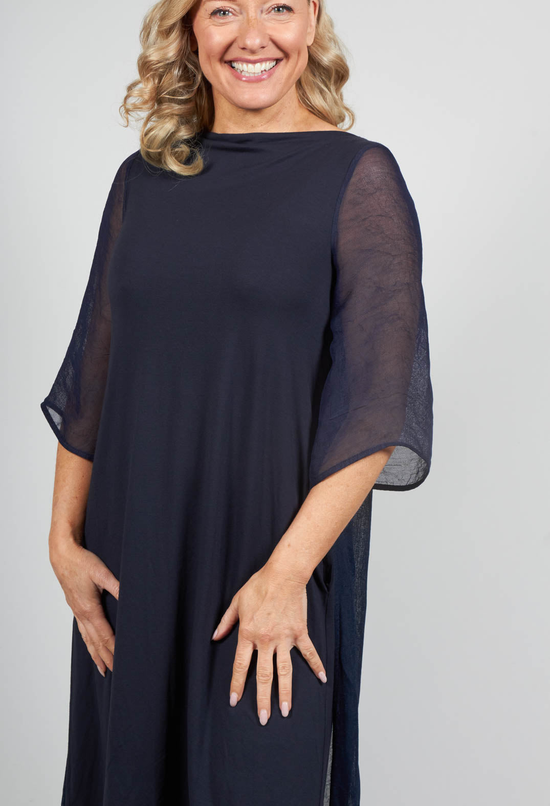 Midi Dress with Sheer Panel Back in Dark Blue