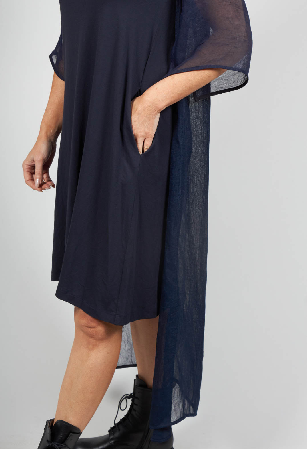 Midi Dress with Sheer Panel Back in Dark Blue