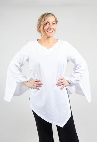 Flared Sleeved Top with Asymmetric Hem in White