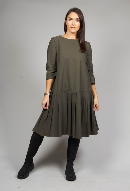 Pleated Shift Dress in Military Green