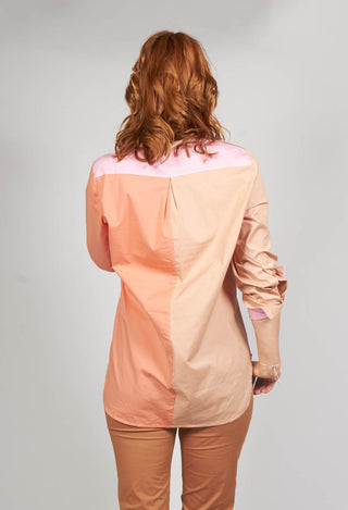 behind shot of Beatrice B colourblock blouse in light brown