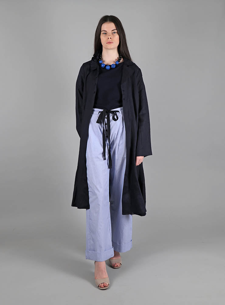 Wide Leg Trousers with Buttons in Blue Pinstripe