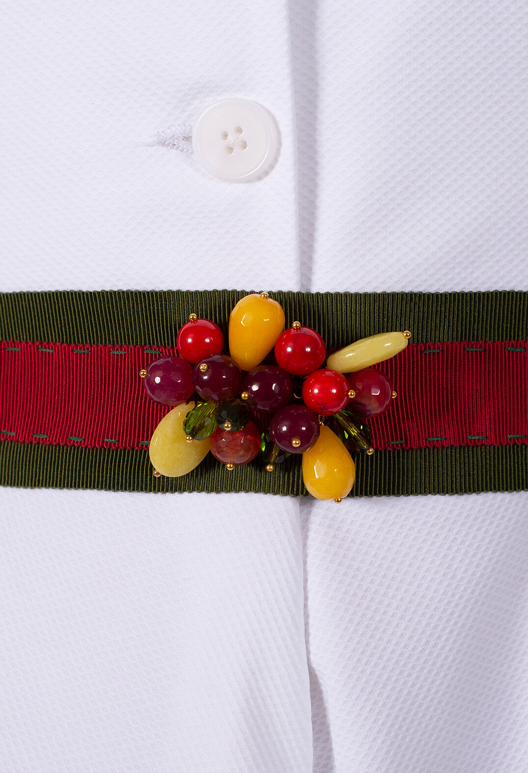 Embellished Ribbon Belt in Gross Olive/Red