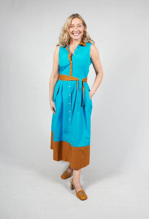 Sleeveless Shirt Dress in Blue/Brown