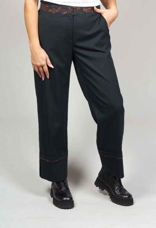 Tailored Trousers in Dark Green with Floral Trim