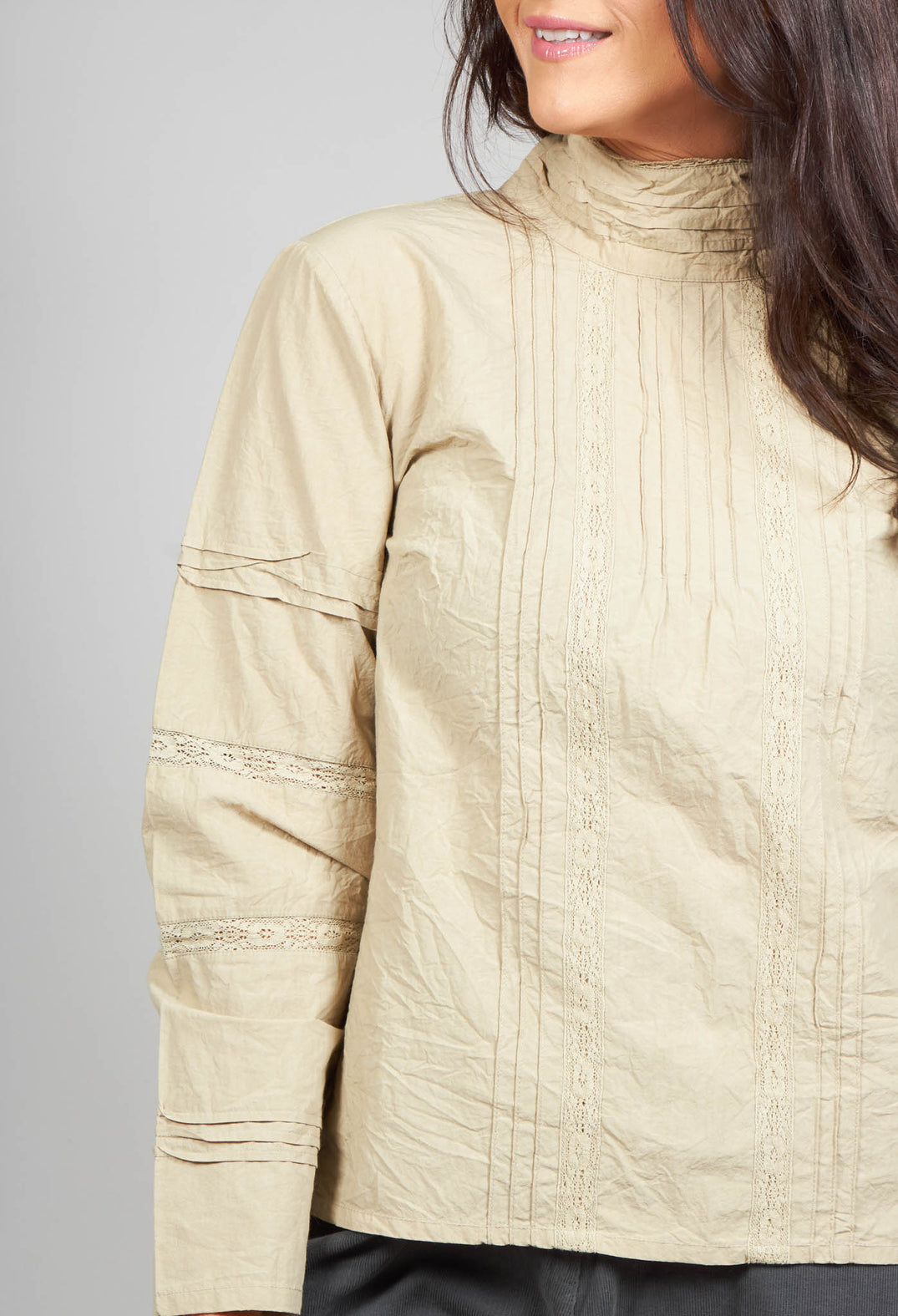 Long Sleeved Blouse with High Collar and Lace Details in Khaki