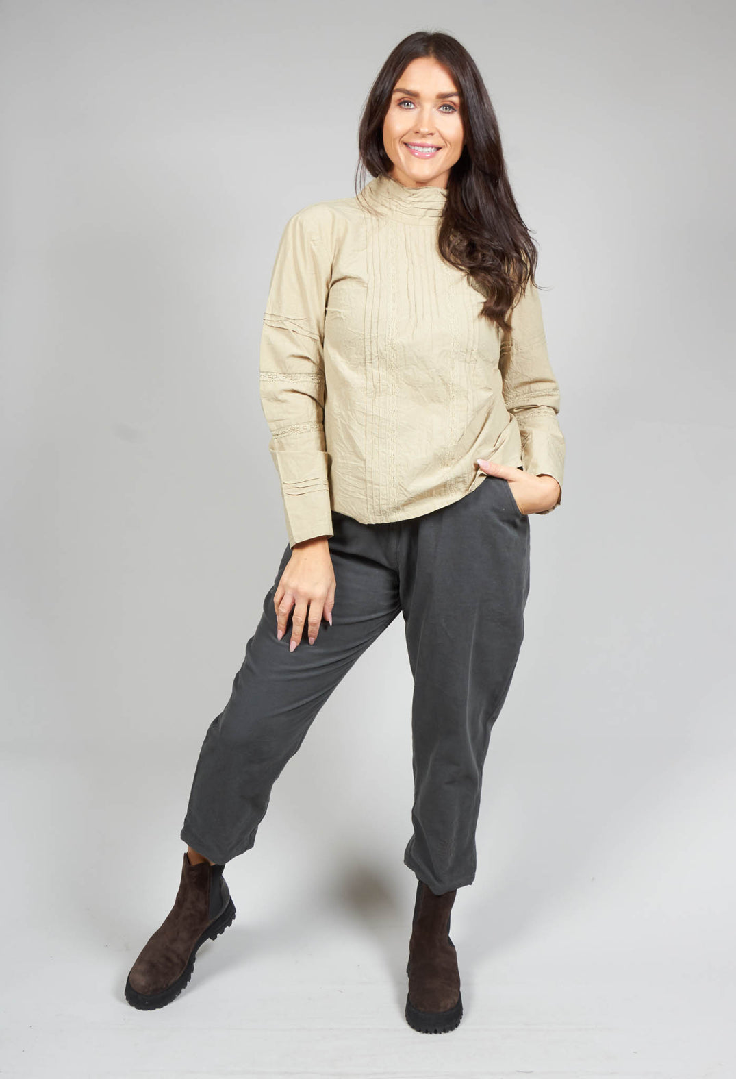 Long Sleeved Blouse with High Collar and Lace Details in Khaki