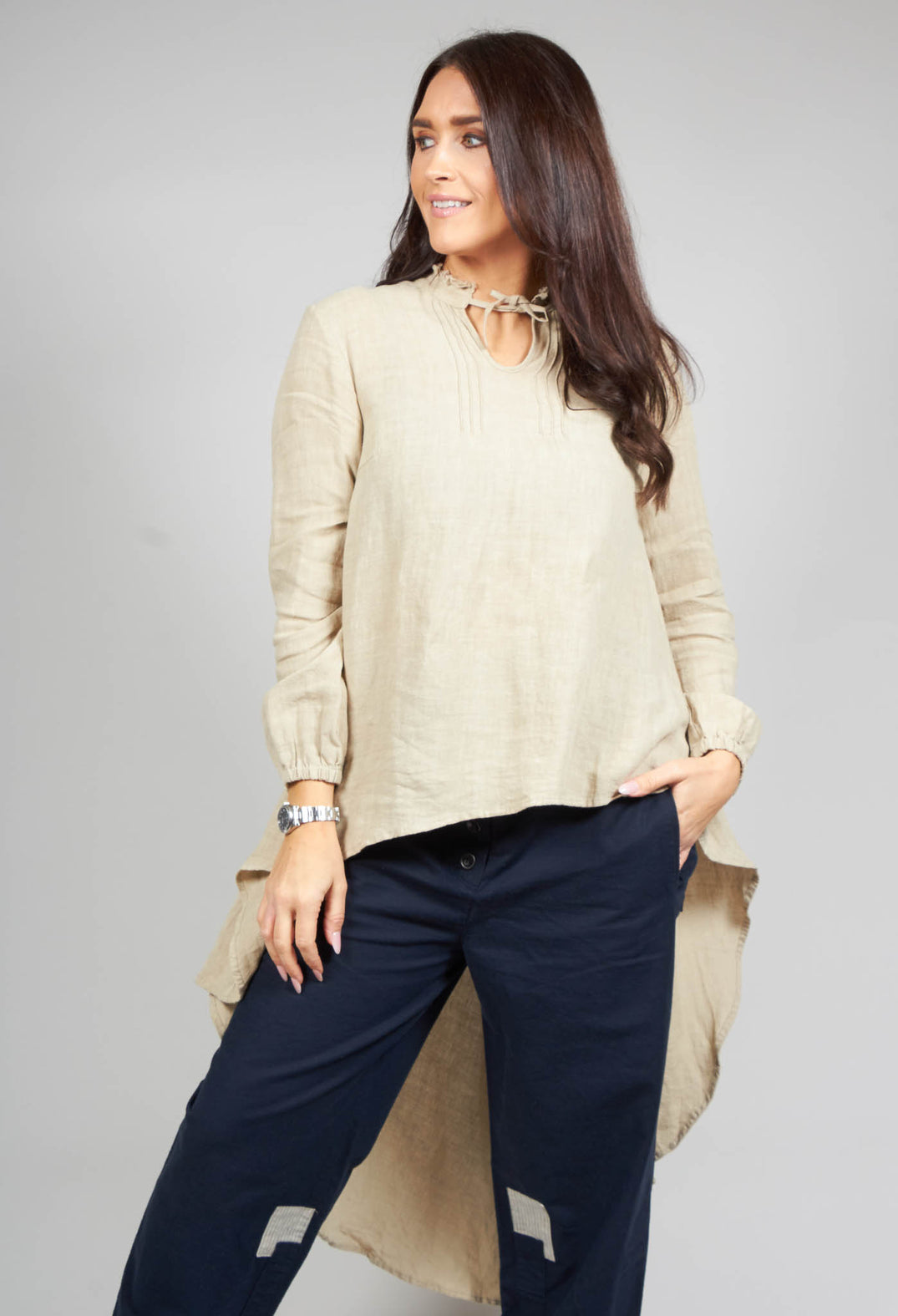 Khaki Blouse with High Neck and Long Back