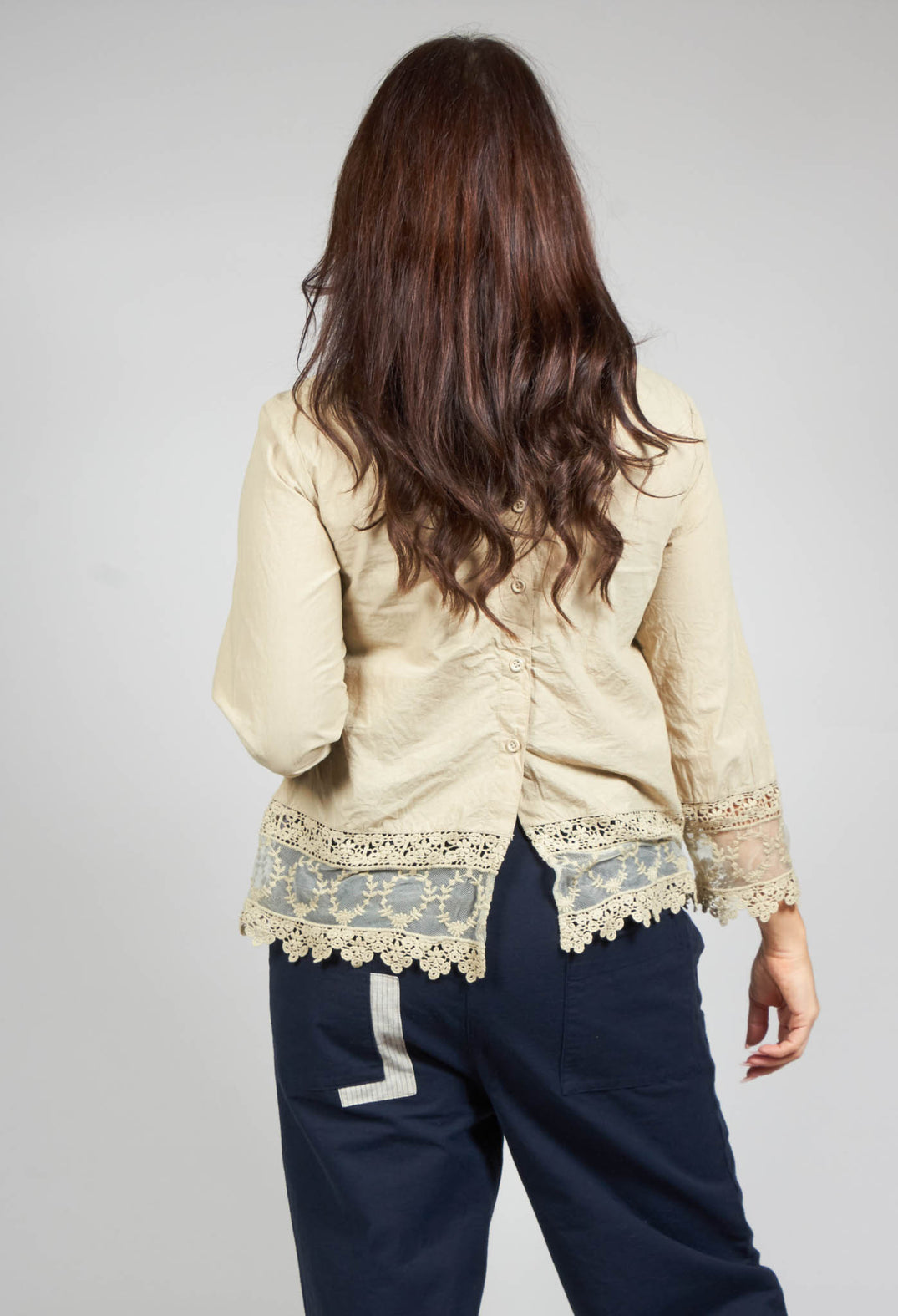 Cotton Blouse with Lace Hem In Khaki