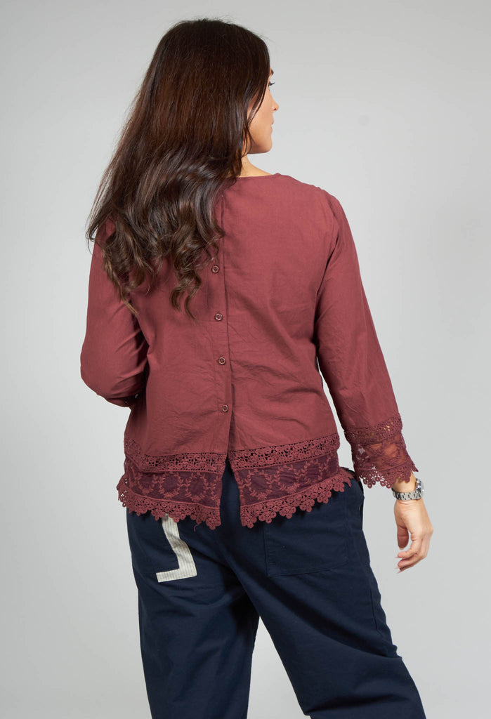 Cotton Blouse with Lace Hem In Maroon