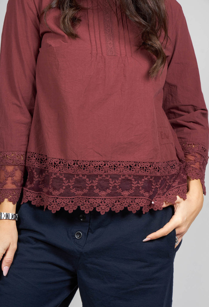 Cotton Blouse with Lace Hem In Maroon