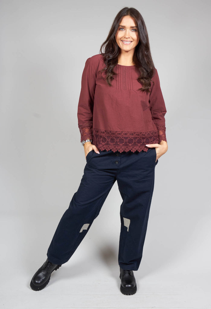 Cotton Blouse with Lace Hem In Maroon