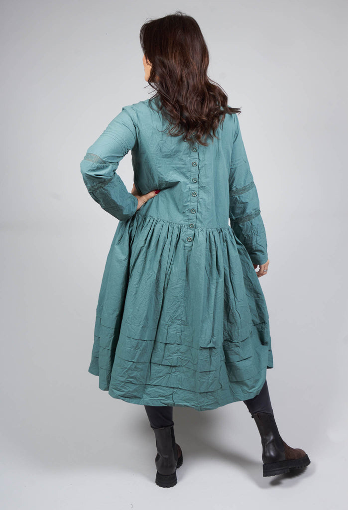 High Neck Cotton Dress With Pintucks in Jade